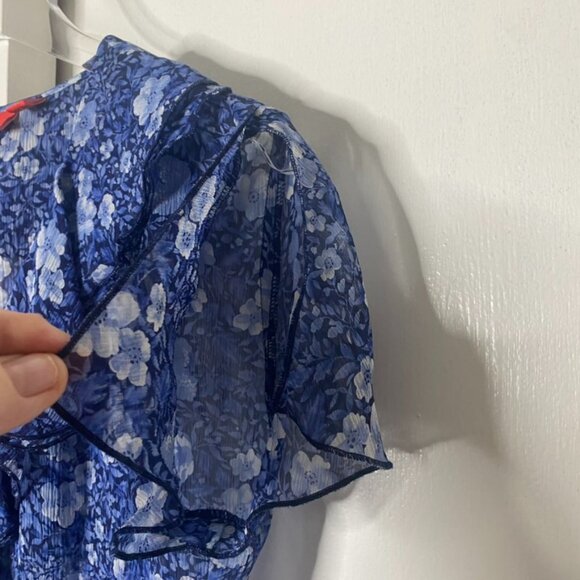 Y2K Oscar De La Renta Sheer Blue Floral Ruffle Flutter Sleeve Blouse Size 4 - Picture 6 of 7